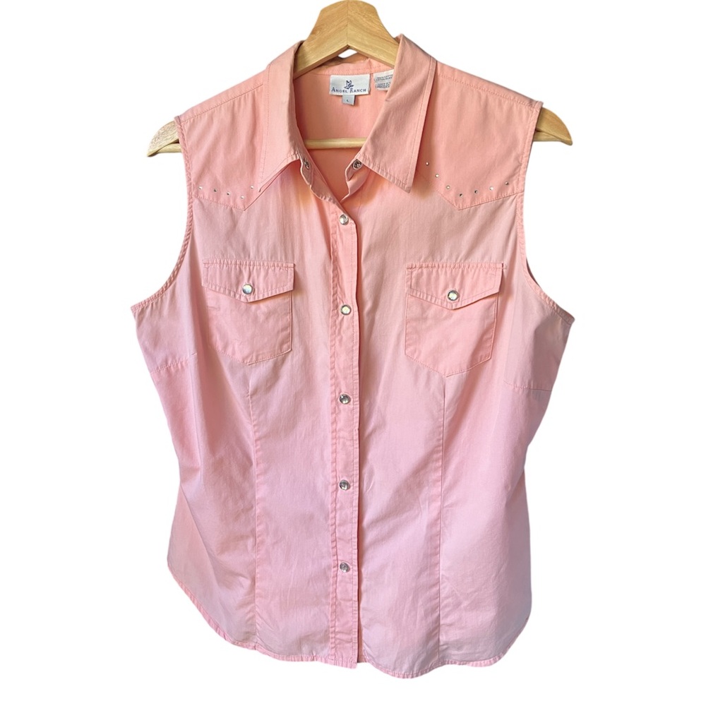 Angel Ranch blouse Western rodeo shirt sleeveless collared snaps